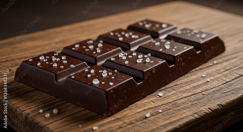 Dark chocolate bar sprinkled with sea salt on a wooden cutting board. Delicious dark brown food. Dark chocolate bar sprinkled with sea salt on a wooden cutting board. Delicious dark brown food.