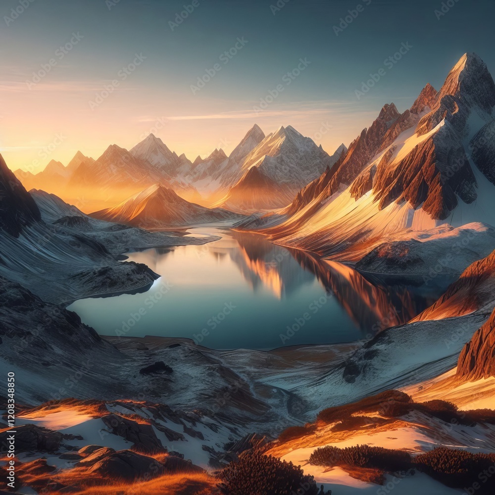 Obraz premium snow-capped mountains illuminated by dawn and a lake reflecting the peaks and clear skies above