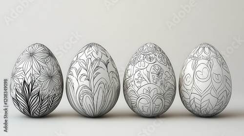 Intricate easter eggs with line art designs on white background for holiday decor photo