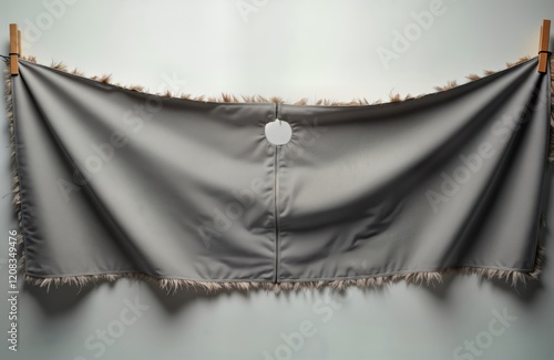 Grey fabric with faux fur fringe hangs on a wall. Torn stitch and hole visible. Blank space for design. Use as a background or texture. Great for fashion, interior design, or vintage projects. photo