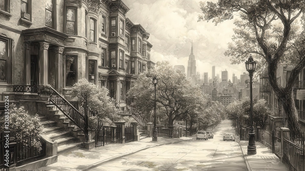 Sepia-toned city street scene with row houses, trees, and distant skyline. Sepia-toned city street scene with row houses, trees, and distant skyline.