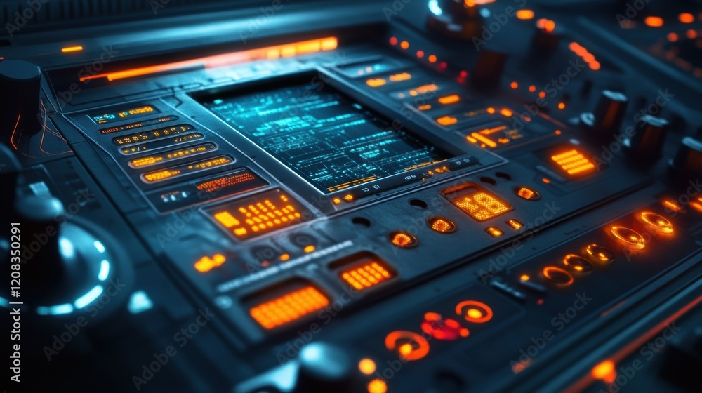 Complex data and information are displayed on a futuristic control panel with glowing buttons, dials, and screens, suggesting advanced technology and control systems Complex data and information are displayed on a futuristic control panel with glowing buttons, dials, and screens, suggesting advanced technology and control systems