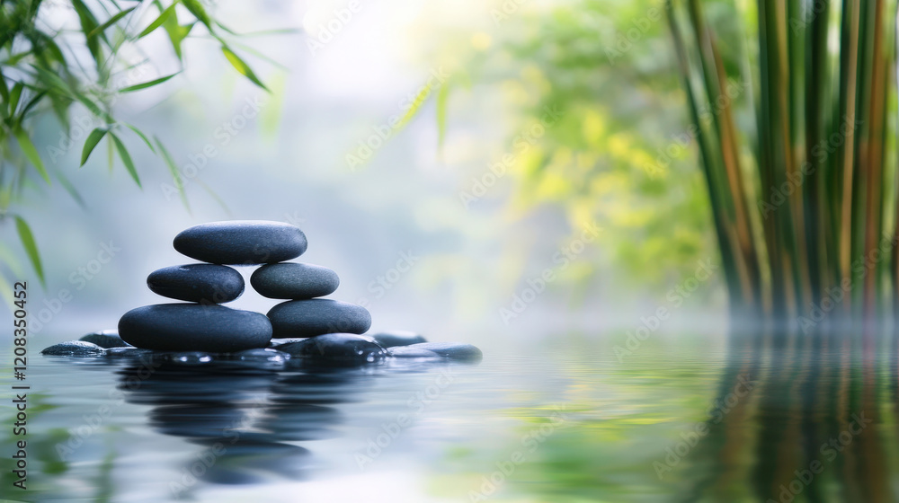 Fototapeta premium Tranquil Zen Garden with Smooth Black Stones Stacked on Calm Water Surface Surrounded by Lush Green Plants and Soft Mist for Relaxation and Meditation