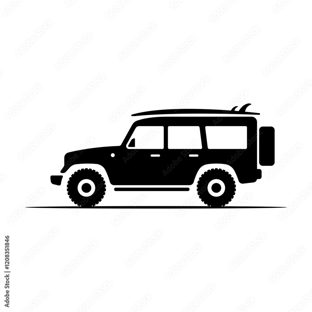 Off-road car and surfboard icon. Suv. Black silhouette. Side view. Vector simple flat graphic illustration. Isolated object on white background. Isolate. Off-road car and surfboard icon. Suv. Black silhouette. Side view. Vector simple flat graphic illustration. Isolated object on white background. Isolate.
