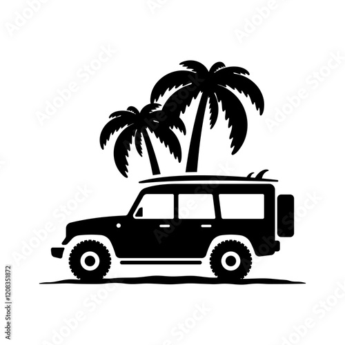 Off-road car with surfboard and palm tree icon. Suv. Black silhouette. Side view. Vector simple flat graphic illustration. Isolated object on white background. Isolate.