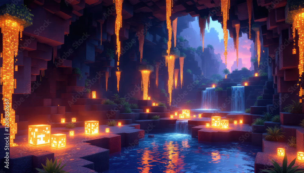 A pixel art representation of a cave with a waterfall and glowing lanterns. Pixel art background, pixel art wallpaper A pixel art representation of a cave with a waterfall and glowing lanterns. Pixel art background, pixel art wallpaper