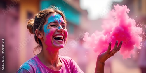 Woman is holding a pink cloud of smoke and smiling. Concept of joy and celebration, as the woman is participating in a colorful event or festival. The pink smoke adds a whimsical photo