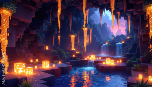 A pixel art representation of a cave with a waterfall and glowing lanterns. Pixel art background, pixel art wallpaper