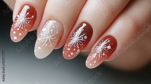 Close-up view of a person's hand with a red and white nail polish manicure photo