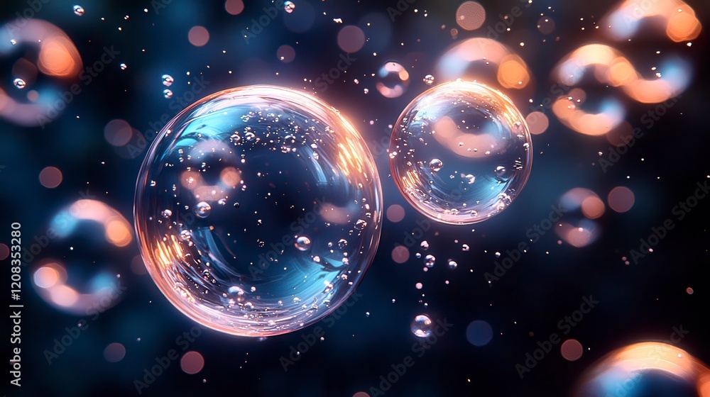 Glowing spheres, bubbles, liquid, water, abstract, dark background. Glowing spheres, bubbles, liquid, water, abstract, dark background.