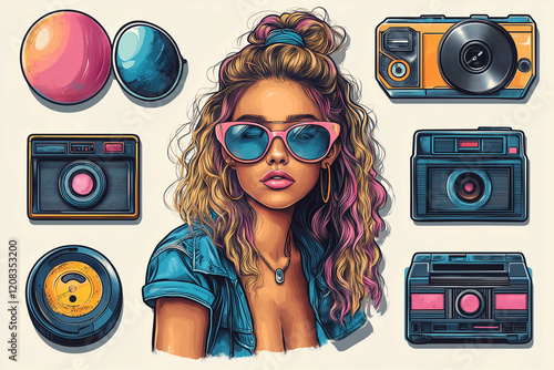 Retro set of icons of 90s. Pop art sticker collection for 1990 born baby. Badge for hipsters with disco ball and sunglasses, boombox and roller, cassette. Vintage isolated element. Old cartoon design photo