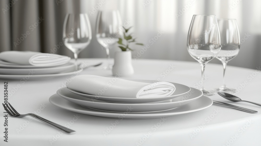 Elegant table setting with white plates and wine glasses in a minimalist dining room Elegant table setting with white plates and wine glasses in a minimalist dining room