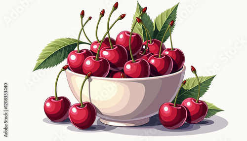 Bowl of fresh red cherries with green leaves