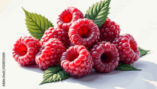 Ripe raspberries with green leaves on a light background