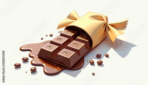 Chocolate bar wrapped in paper with melted chocolate