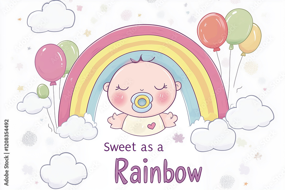 Sleeping baby with rainbow, clouds, balloons, and pastel colors, text Sleeping baby with rainbow, clouds, balloons, and pastel colors, text