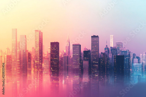 Tranquil City Skyline with Sunset Reflections, Modern Architecture, and Pastel Tones Creating a Serene Urban Landscape