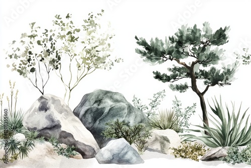 A digitally created Chinese ink landscape painting, evoking traditional Japanese sumi-e, with Indian ink illustrations of sakura blossoms and mountains photo