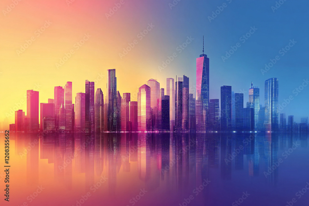 Tranquil City Skyline with Sunset Reflections, Modern Architecture, and Pastel Tones Creating a Serene Urban Landscape