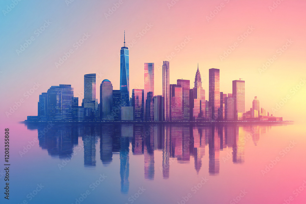 Fototapeta premium Tranquil City Skyline with Sunset Reflections, Modern Architecture, and Pastel Tones Creating a Serene Urban Landscape