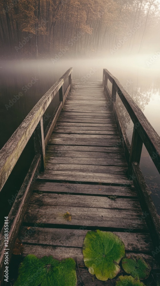 Fototapeta premium A serene wooden bridge shrouded in mist, leading to a tranquil water's edge, embodies peace and contemplation in a beautifully natural setting.