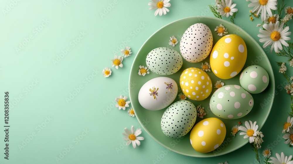 Colorful easter eggs in a plate surrounded by daisies on a light green background Colorful easter eggs in a plate surrounded by daisies on a light green background