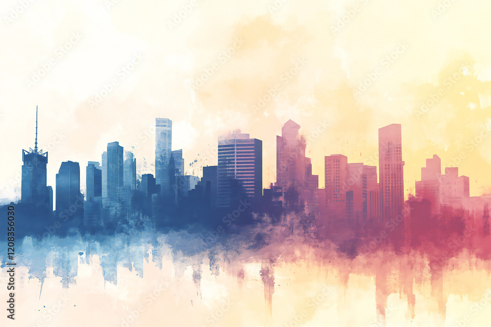 Fototapeta premium Tranquil City Skyline with Sunset Reflections, Modern Architecture, and Pastel Tones Creating a Serene Urban Landscape
