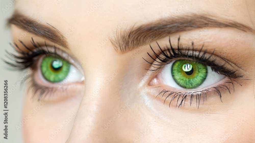 Obraz premium A close-up of vibrant green eyes with long natural lashes. The composition emphasizes the intricate details of the iris and the elegance of the lashes.