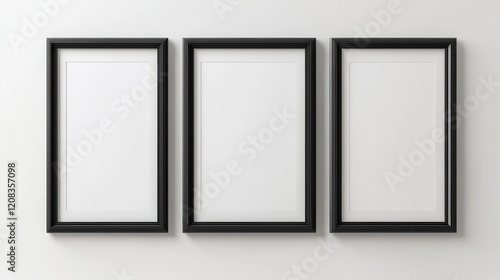 Three empty black wooden frames on white wall for art display or interior design
