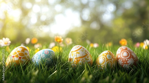 Easter themed vibrant spring scene with colorful decorated eggs in lush grass