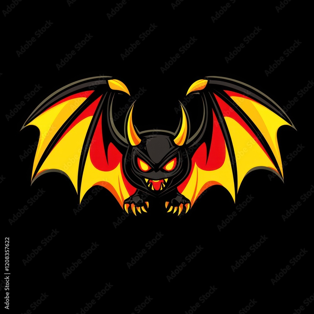 A black cartoon bat with red and yellow wings flies on a dark background for Halloween use A black cartoon bat with red and yellow wings flies on a dark background for Halloween use