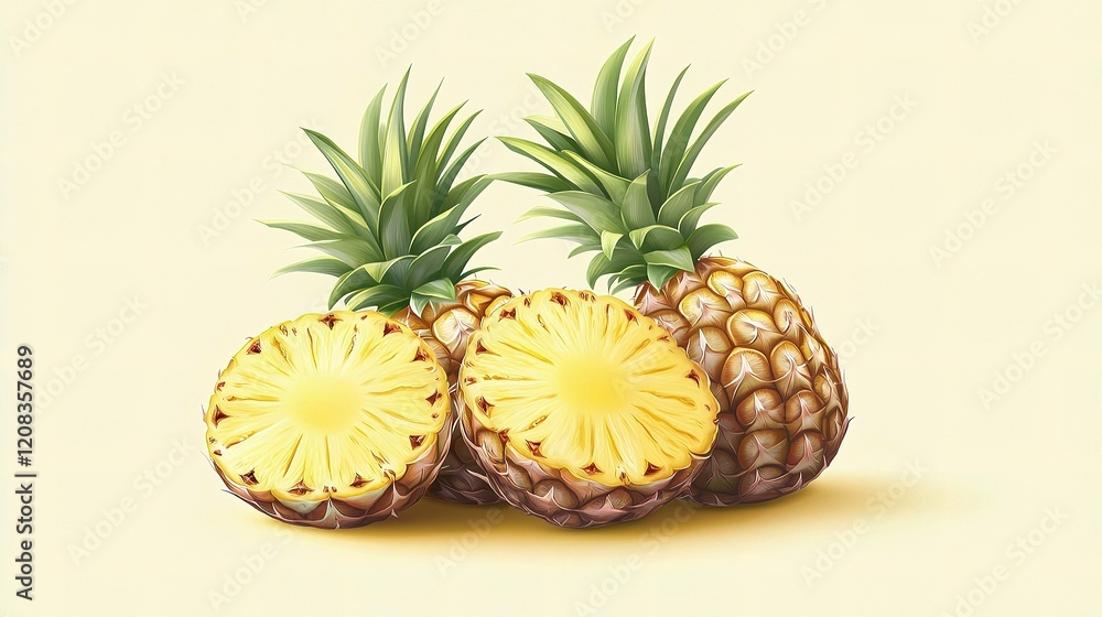 Fototapeta premium Fresh Pineapple Isolated on Soft Yellow Background for Design Use