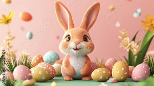 Charming easter bunny with colorful easter eggs in cartoon style for spring celebrations