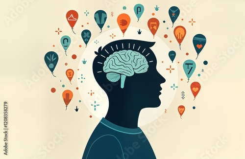 Person profile view thinking with short-term memory long-term memory, recall icons floating around. Icons fading to represent forgetting. Illustration style modern, minimalist. Image represents photo