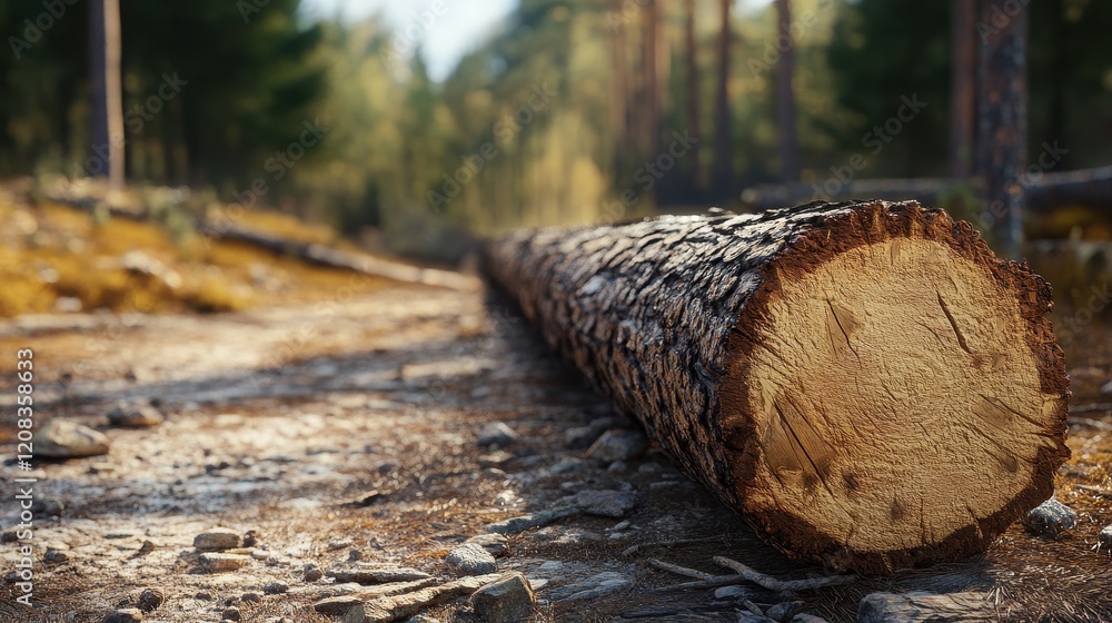 Fallen tree trunk on forest path with sunlit background Fallen tree trunk on forest path with sunlit background