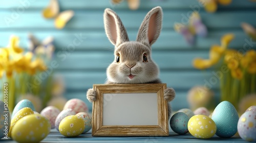 Mystical easter bunny displaying photo frame amidst colorful eggs and flowers scene
