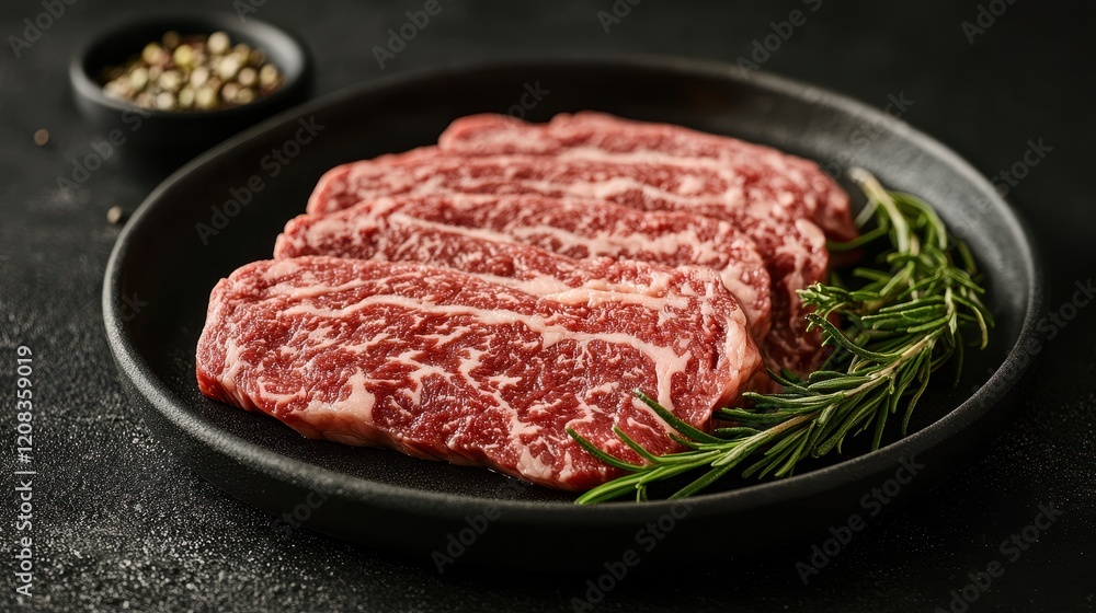 Marbled wagyu beef steaks with fresh rosemary on black plate Marbled wagyu beef steaks with fresh rosemary on black plate