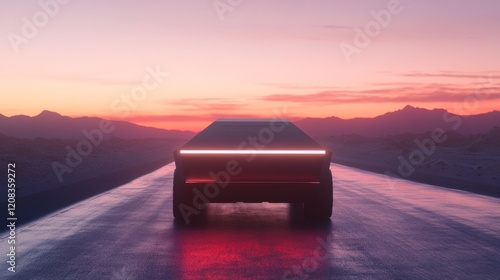 Futuristic car with illuminated design elements driving along a perfectly straight empty road