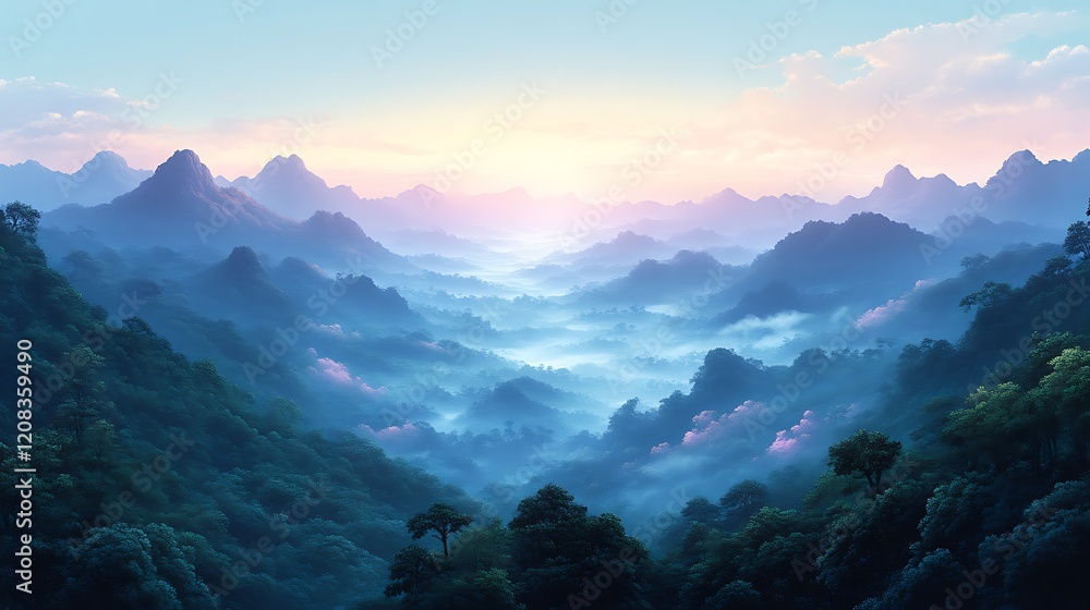 Fototapeta premium Serene Misty Mountains Enveloped in Lush Green Forests