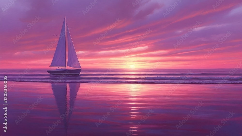 Fototapeta premium Serene Sunset Sailboat: A Pink Paradise