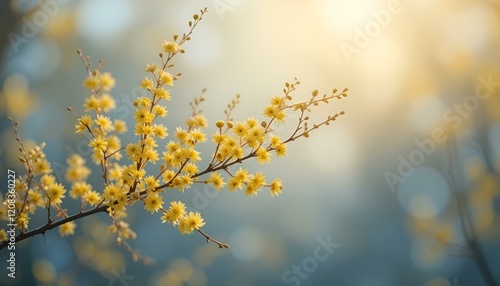 Delicate yellow flowers on a blooming branch with a soft, dreamy background
