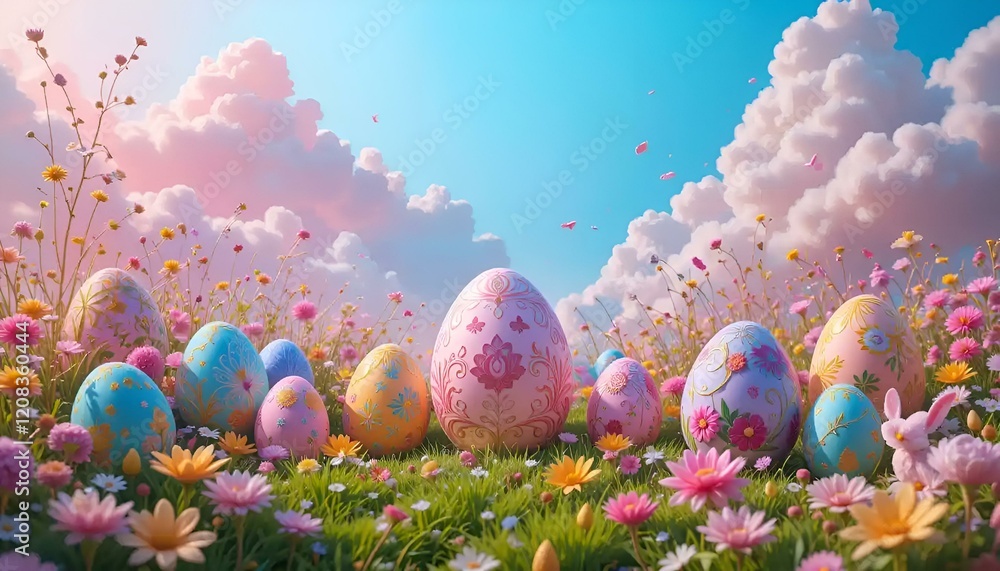 Fototapeta premium Colorful Easter eggs in a joyful spring garden with flowers and pastel clouds