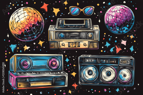 Retro set of icons of 90s. Pop art sticker collection for 1990 born baby. Badge for hipsters with disco ball and sunglasses, boombox and roller, cassette. Vintage isolated element. Old cartoon design photo