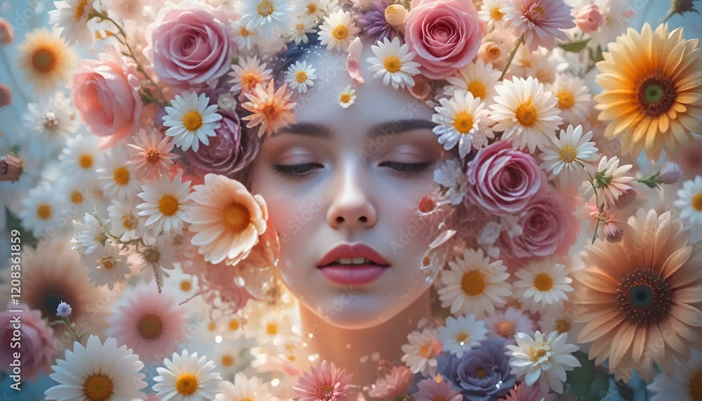 Dreamy portrait of a woman surrounded by flowers in a whimsical floral headdress Dreamy portrait of a woman surrounded by flowers in a whimsical floral headdress