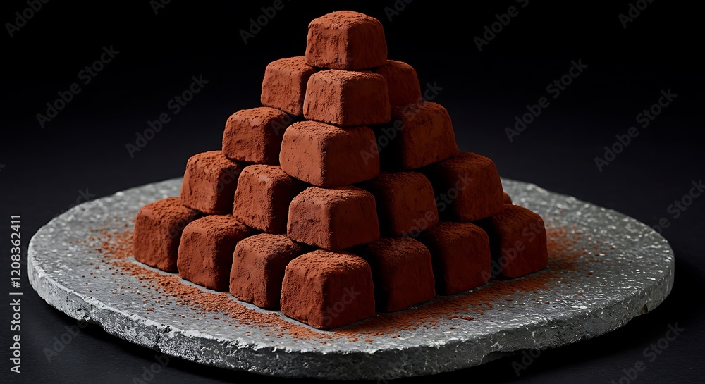 Gourmet dark chocolate truffles stacked in a pyramid dessert. Delicious cocoa treats. Gourmet dark chocolate truffles stacked in a pyramid dessert. Delicious cocoa treats.