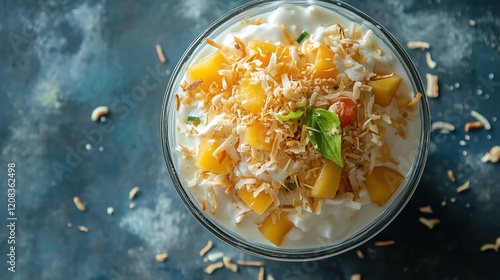 Seen from above, the Buko Salad is a feast for the eyes, with its creamy white base, pops of fruit cocktail hues, and a silky topping, celebrating Filipino culinary tradition. photo