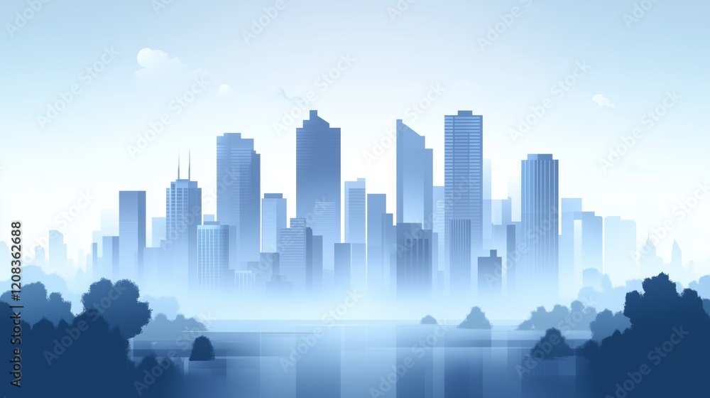 Tranquil urban skyline overlooking serene lake with soft morning mist Tranquil urban skyline overlooking serene lake with soft morning mist