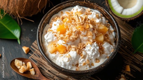 Seen from above, the Buko Salad is a feast for the eyes, with its creamy white base, pops of fruit cocktail hues, and a silky topping, celebrating Filipino culinary tradition. photo