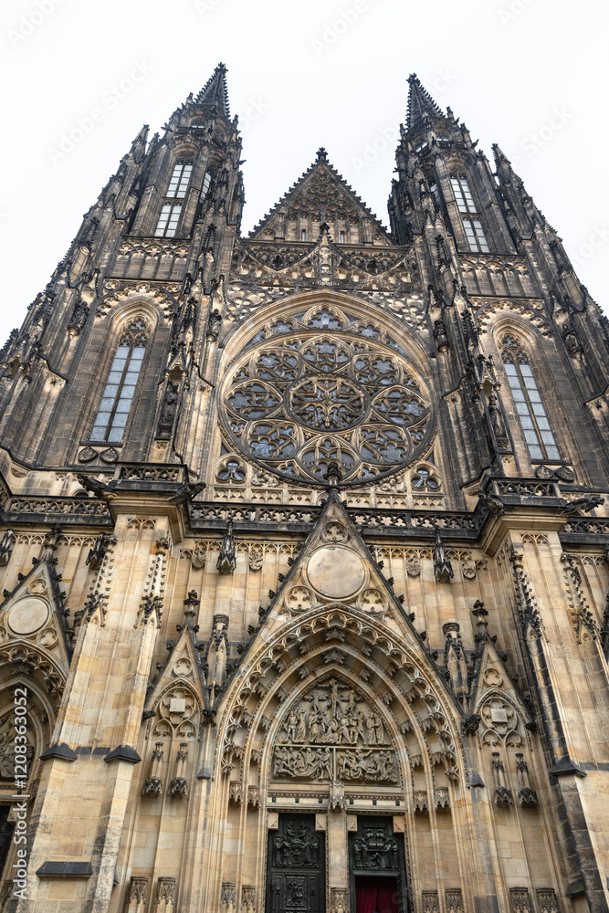 Fototapeta premium Historical Gothic Medieval Prague castle and church complex, St. Vitus Cathedral, Charles Bridge, astronomical clock, Basilica of St. George, Unesco city tourism