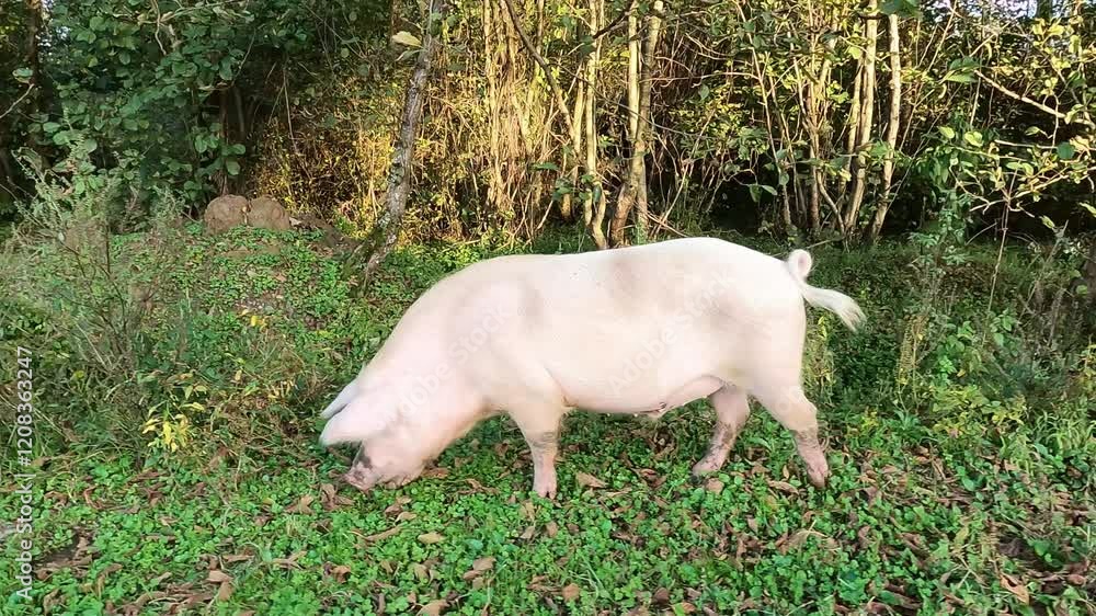 Adult domestic pig walks along the road along the trees and looks for food. Big and heavy sow adult female pig walking outside Adult domestic pig walks along the road along the trees and looks for food. Big and heavy sow adult female pig walking outside